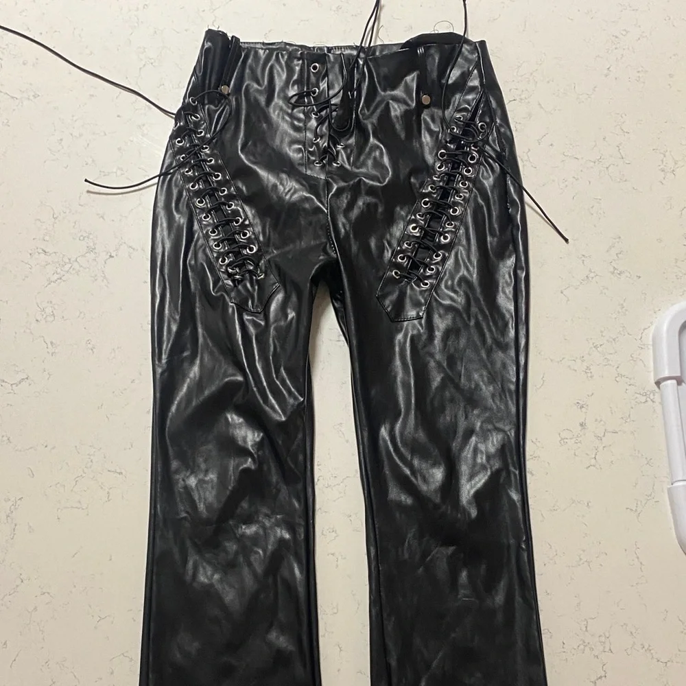 Black Lace-Up Leather Pants - Picture 1 of 5